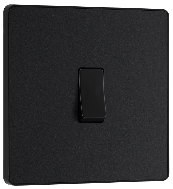 PCDMB13B Front - This Evolve Matt Black 20A 16AX intermediate light switch from British General should be used as the middle switch when you need to operate one light from 3 different locations, such as either end of a hallway and at the top of the stairs.