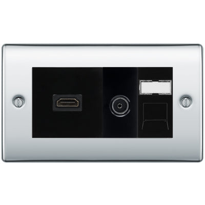 BG Nexus Polished Chrome Media Wall Plate TV Aerial, HDMI & CAT6 Outlet - Black Insert by British General