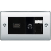 BG Nexus Polished Chrome Media Wall Plate TV Aerial, HDMI & CAT6 Outlet - Black Insert by British General