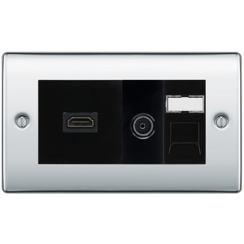 BG Nexus Polished Chrome Media Wall Plate TV Aerial, HDMI & CAT6 Outlet - Black Insert