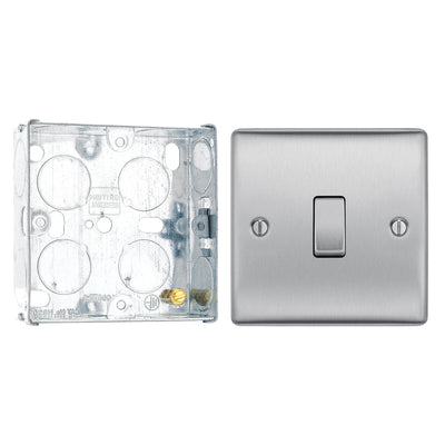 BG Nexus Brushed Steel 20A Intermediate Light Switch NBS13 with 25mm Steel Back Box by British General (BG-NBS13+HGS02)