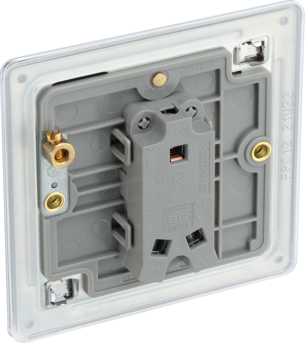 FPC12 Back - This Screwless Flat plate polished chrome finish 20A 16AX single light switch from British General will operate one light in a room.