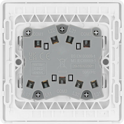 BG PCDCL43W Pearlescent White Evolve 3 Gang 20A 16AX 2 Way Light Switch - White Insert