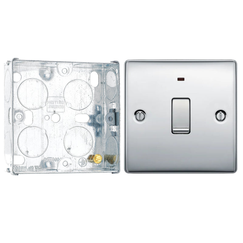 BG Nexus Metal Polished Chrome 20A DP Single Switch NPC31 with 25mm Steel Back Box