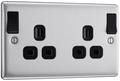 BG Electrical NBS22DPOBB Nexus Metal Brushed Steel 13A Double Pole Switched Socket - Black Insert