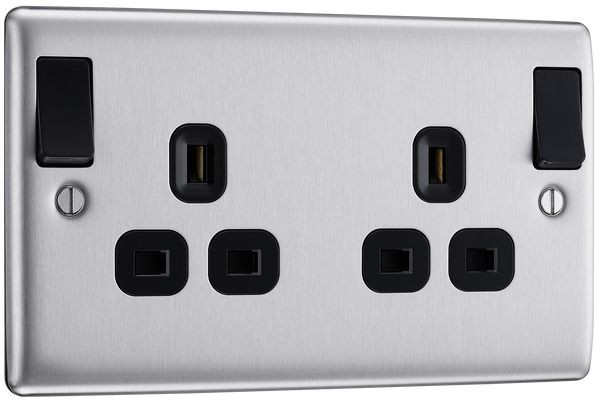 NBS22DPOBB Front - This 13A double switched socket from British General is double pole for additional safety, whilst the outboard rockers prevent inadvertently switching the wrong side off as they are not directly next to each other. This socket has a brushed steel finish with anti-fingerprint lacquer, a sleek and slim profile.