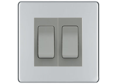 BG Electrical Screwless Polished Chrome 2-Gang Light Switch 1x 2-Way + 1x Intermediate – Grey Inserts