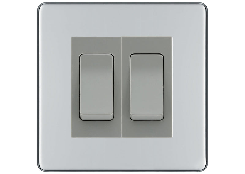BG Electrical Screwless Polished Chrome 2-Gang Light Switch 1x 2-Way + 1x Intermediate – Grey Inserts