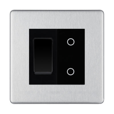 BG Brushed Steel Screwless 2 Gang Custom Switch 1x 2 Way Switch 1x Master Touch Dimmer Black Inserts by British General (BG-SL-BS-2G-1x-2WAY-SWITCH-1x-MTD-BI)