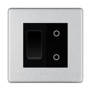 BG Brushed Steel Screwless 2 Gang Custom Switch 1x 2 Way Switch 1x Master Touch Dimmer Black Inserts by British General (BG-SL-BS-2G-1x-2WAY-SWITCH-1x-MTD-BI)