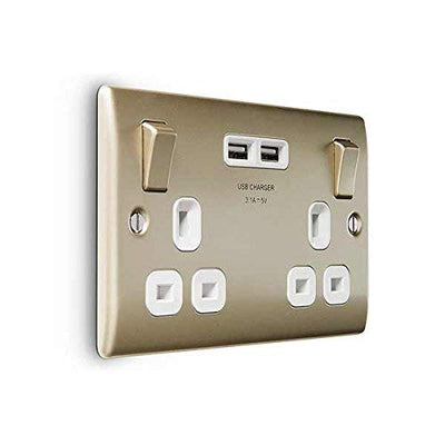BG Electrical NPR22U3W Nexus Metal Pearl Nickel Double Switched 13A Power Socket With USB Charging - 2X USB Sockets (3.1A) White Insert