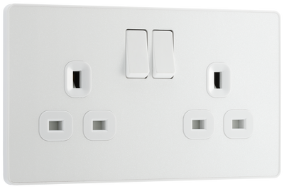 PCDCL22W Front - This Evolve pearlescent white 13A double switched socket from British General has been designed with angled in line colour coded terminals and backed out captive screws for ease of installation, and fits a 25mm back box making it an ideal retro-fit replacement for existing sockets. 