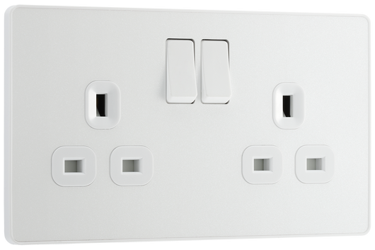 PCDCL22W Front - This Evolve pearlescent white 13A double switched socket from British General has been designed with angled in line colour coded terminals and backed out captive screws for ease of installation, and fits a 25mm back box making it an ideal retro-fit replacement for existing sockets. 