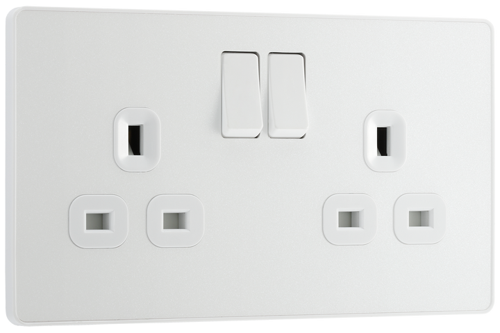 PCDCL22W Front - This Evolve pearlescent white 13A double switched socket from British General has been designed with angled in line colour coded terminals and backed out captive screws for ease of installation, and fits a 25mm back box making it an ideal retro-fit replacement for existing sockets. 