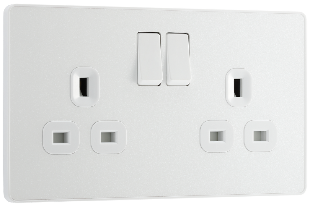 PCDCL22W Front - This Evolve pearlescent white 13A double switched socket from British General has been designed with angled in line colour coded terminals and backed out captive screws for ease of installation, and fits a 25mm back box making it an ideal retro-fit replacement for existing sockets. 