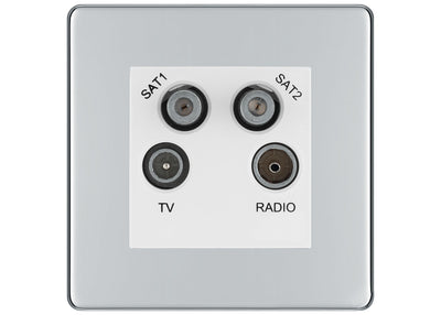 BG Screwless Polished Chrome TV/FM/2x SAT Quadplex Socket – Grey Insert by British General (BG-FPCTVFMSAT2W)