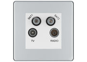 BG Screwless Polished Chrome TV/FM/2x SAT Quadplex Socket – Grey Insert by British General (BG-FPCTVFMSAT2W)