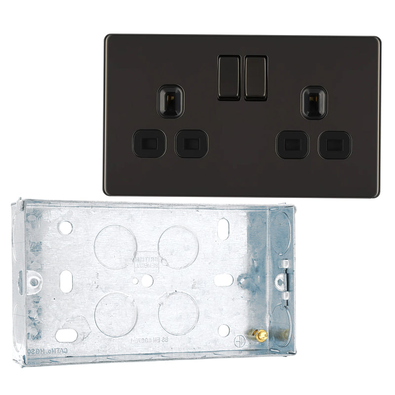 BG Screwless Black Nickel 13A Double Socket FBN22B with 25mm Steel Back Box