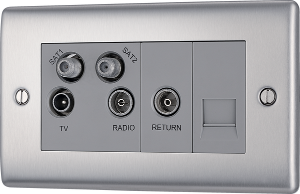 NBS69 Front - This screened Quadplex socket from British General has an outlet for TV FM and 2 satellites, plus a return and shuttered telephone socket.