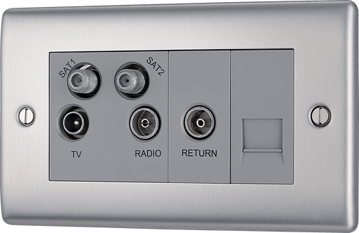 NBS69 Front - This screened Quadplex socket from British General has an outlet for TV FM and 2 satellites, plus a return and shuttered telephone socket.