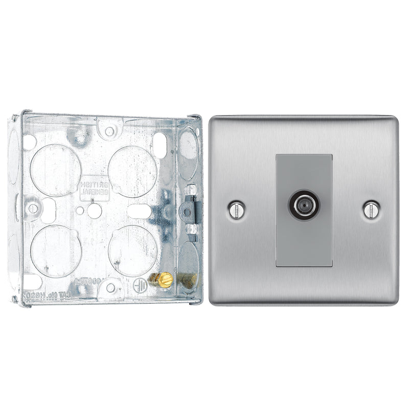 BG Nexus Brushed Steel Single Satellite Socket NBS64 with 25mm Steel Back Box