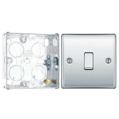 BG Nexus Metal Polished Chrome 20A 16AX 2 Way Single Light Switch NPC12 with 25mm Steel Back Box by British General (BG-NPC12+HGS02)