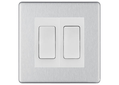 BG Electrical Screwless Brushed Steel 2-Gang Light Switch 1x 2-Way + 1x Intermediate – White Inserts by British General (BG-SCRL-BS-2G-Combo-1x INT-1x 2WAY WH)