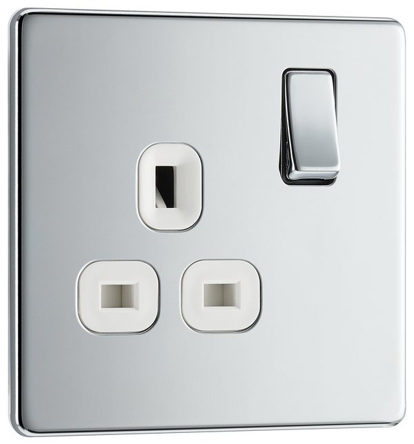  FPC21W Front - This Screwless Flat plate polished chrome finish 13A single switched socket from British General has a sleek flat profile that clips on and off for a screwless premium finish with no visible plastic around the switch.