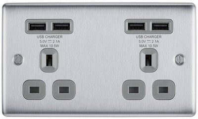 BG NBS24U44G Nexus Metal Brushed Steel 2 Gang 13A 4x USB-A 4.2A Unswitched Socket - Grey Insert