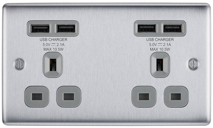 NBS24U44G Front - The BG Electrical Nexus Metal NBS24U44G is a brushed stainless steel double (2 gang) switched socket with grey inserts and 4 4.2A USB sockets, manufactured by British General Electrical. 