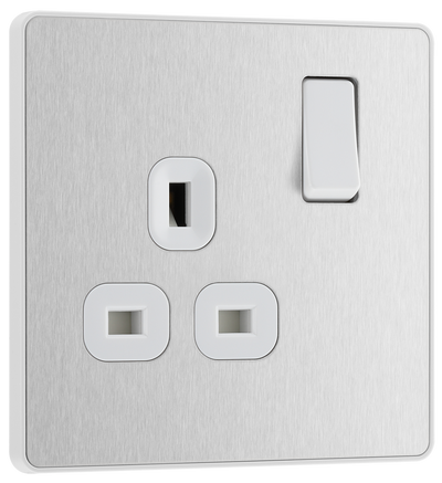 PCDBS21W Front - This Evolve Brushed Steel 13A single switched socket from British General has been designed with angled in line colour coded terminals and backed out captive screws for ease of installation, and fits a 25mm back box making it an ideal retro-fit replacement for existing sockets.