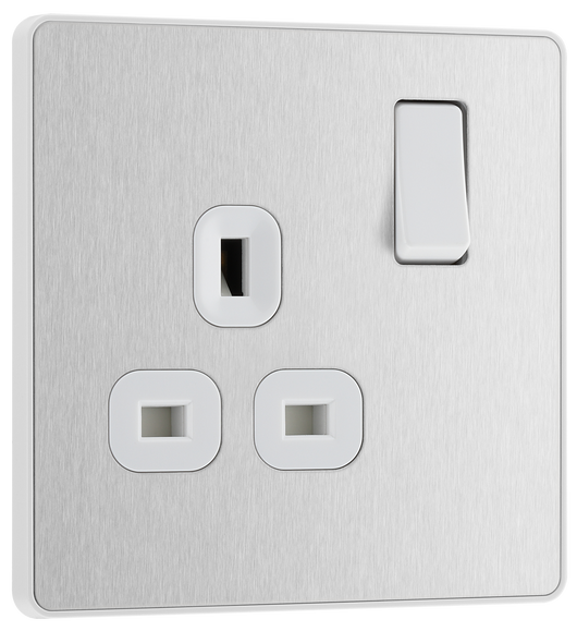 PCDBS21W Front - This Evolve Brushed Steel 13A single switched socket from British General has been designed with angled in line colour coded terminals and backed out captive screws for ease of installation, and fits a 25mm back box making it an ideal retro-fit replacement for existing sockets.