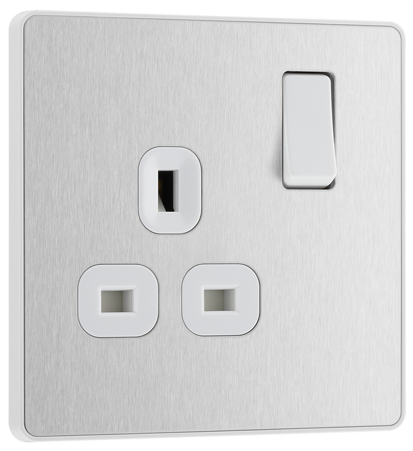 PCDBS21W Front - This Evolve Brushed Steel 13A single switched socket from British General has been designed with angled in line colour coded terminals and backed out captive screws for ease of installation, and fits a 25mm back box making it an ideal retro-fit replacement for existing sockets.