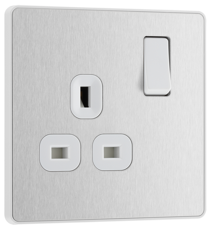 PCDBS21W Front - This Evolve Brushed Steel 13A single switched socket from British General has been designed with angled in line colour coded terminals and backed out captive screws for ease of installation, and fits a 25mm back box making it an ideal retro-fit replacement for existing sockets.