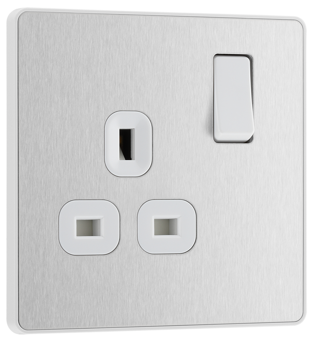 PCDBS21W Front - This Evolve Brushed Steel 13A single switched socket from British General has been designed with angled in line colour coded terminals and backed out captive screws for ease of installation, and fits a 25mm back box making it an ideal retro-fit replacement for existing sockets.