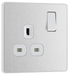 PCDBS21W Front - This Evolve Brushed Steel 13A single switched socket from British General has been designed with angled in line colour coded terminals and backed out captive screws for ease of installation, and fits a 25mm back box making it an ideal retro-fit replacement for existing sockets.