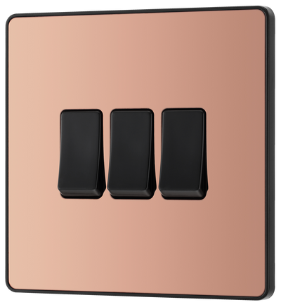 PCDCP43B Front - This Evolve Polished Copper 20A 16AX triple light switch from British General can operate 3 different lights, whilst the 2 way switching allows a second switch to be added to the circuit to operate the same light from another location (e.g. at the top and bottom of the stairs).