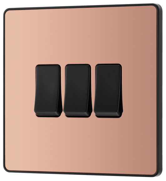 PCDCP43B Front - This Evolve Polished Copper 20A 16AX triple light switch from British General can operate 3 different lights, whilst the 2 way switching allows a second switch to be added to the circuit to operate the same light from another location (e.g. at the top and bottom of the stairs).