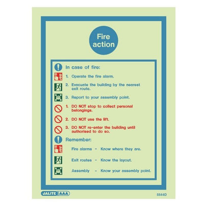Extinguishers & Equipment: Fire Action Sign - Fire Safety Signs from Jalite Fire Action Sign - 1 by Jalite signs (Safelincs-JS5414D)