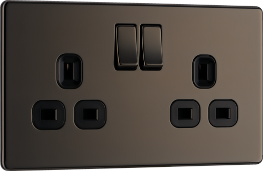 FBN22B Front - This Screwless Flat plate black nickel finish 13A double switched socket from British General has a sleek flat profile that clips on and off for a screwless premium finish, with no visible plastic around the switches.