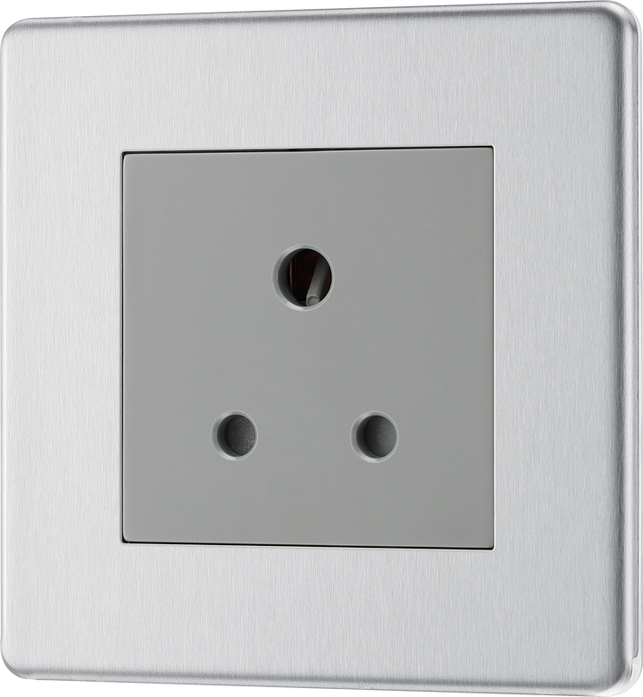 FBS29G Front - This 5A round pin socket from British General can be used to connect lamps to a lighting circuit. The brushed steel finish has an anti-fingerprint lacquer and slim clip-on/off front-plate to add a touch of luxury to your decor.