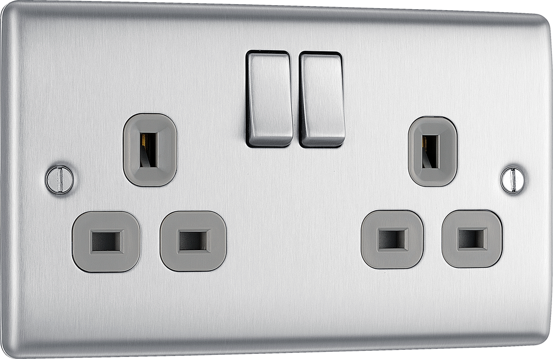 NBS22G Front - This brushed steel finish 13A double switched socket from British General has a sleek and slim profile with softly rounded edges, anti-fingerprint lacquer and no visible plastic around the switches for a luxurious finish.