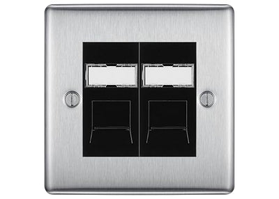 BG Nexus Metal Brushed Steel 2 Gang RJ45 Data Socket NBSRJ452B Black Inserts by British General (BG-NBSRJ452B)