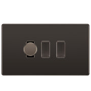 BG Screwless Black Nickel 3 Gang Switch 1x Trailing Edge LED Dimmer 2x Intermediate Custom Grid Switch by British General (BG-SCRL-BN-3G-CUSTOM-1x-Dimmer-2x-INT)