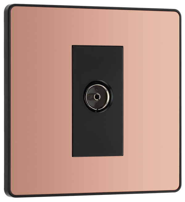 PCDCP60B Front - This Evolve Polished Copper single coaxial socket from British General can be used for TV or FM aerial connections. This socket has a low profile screwless flat plate that clips on and off, making it ideal for modern interiors.