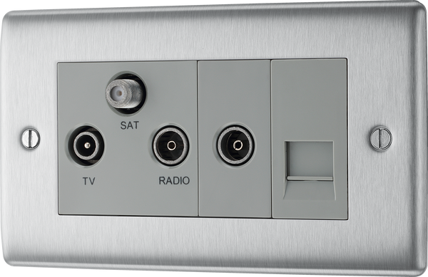 NBS68 Front - This screened Triplex socket from British General has an outlet for TV FM and satellite, plus a return and shuttered telephone socket.