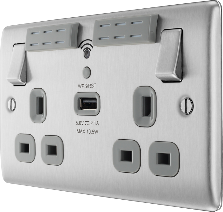 NBS24U44B Front - This 13A double power socket with integrated Wi-Fi Extender from British General will eliminate dead spots and extend your Wi-Fi coverage. Designed to work with all wireless broadband routers and easy to install with one touch WPS this includes a USB charging port.