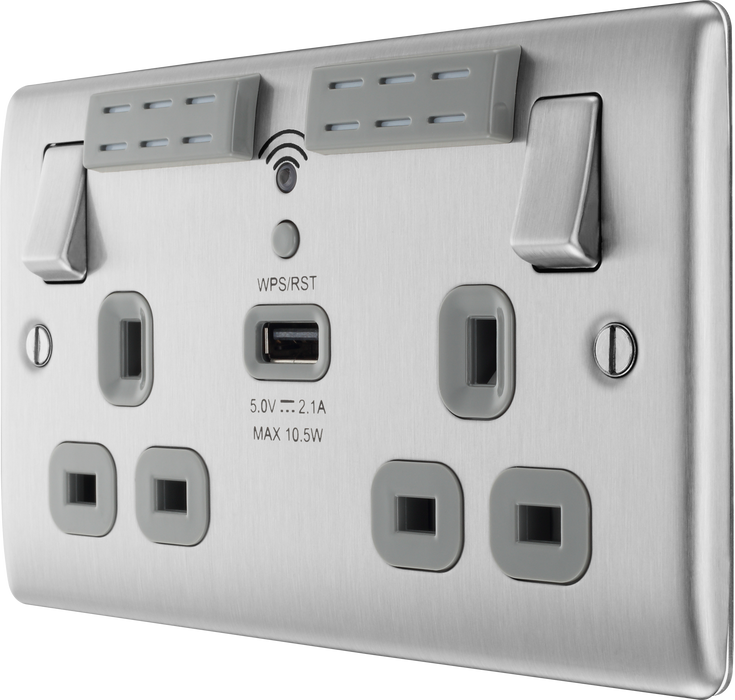 NBS24U44B Front - This 13A double power socket with integrated Wi-Fi Extender from British General will eliminate dead spots and extend your Wi-Fi coverage. Designed to work with all wireless broadband routers and easy to install with one touch WPS this includes a USB charging port.