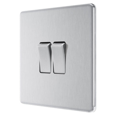 BG Screwless Brushed Steel 20A 16AX 2 Way Double Light Switch FBS42 with 25mm Steel Back Box