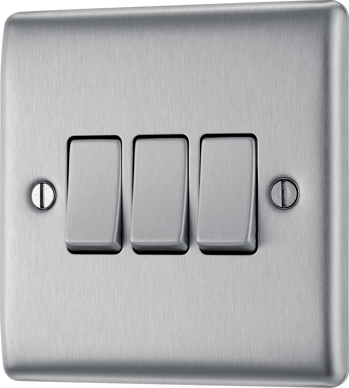 NBS43 Front - This brushed steel finish 20A 16AX triple light switch from British General can operate 3 different lights whilst the 2 way switching allows a second switch to be added to the circuit to operate the same light from another location (e.g. at the top and bottom of the stairs).